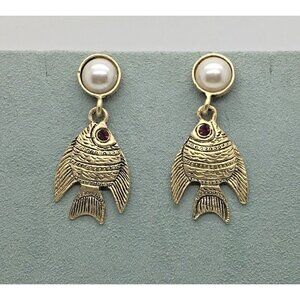 Bergdorf Goodman Angelfish Fish Earrings Bronze Gold Tone Faux Pearls  1995 BG